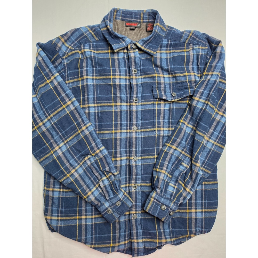 Wolverine Flannel Shacket Men Medium Blue Plaid Cotton Waffle Lined Button Front